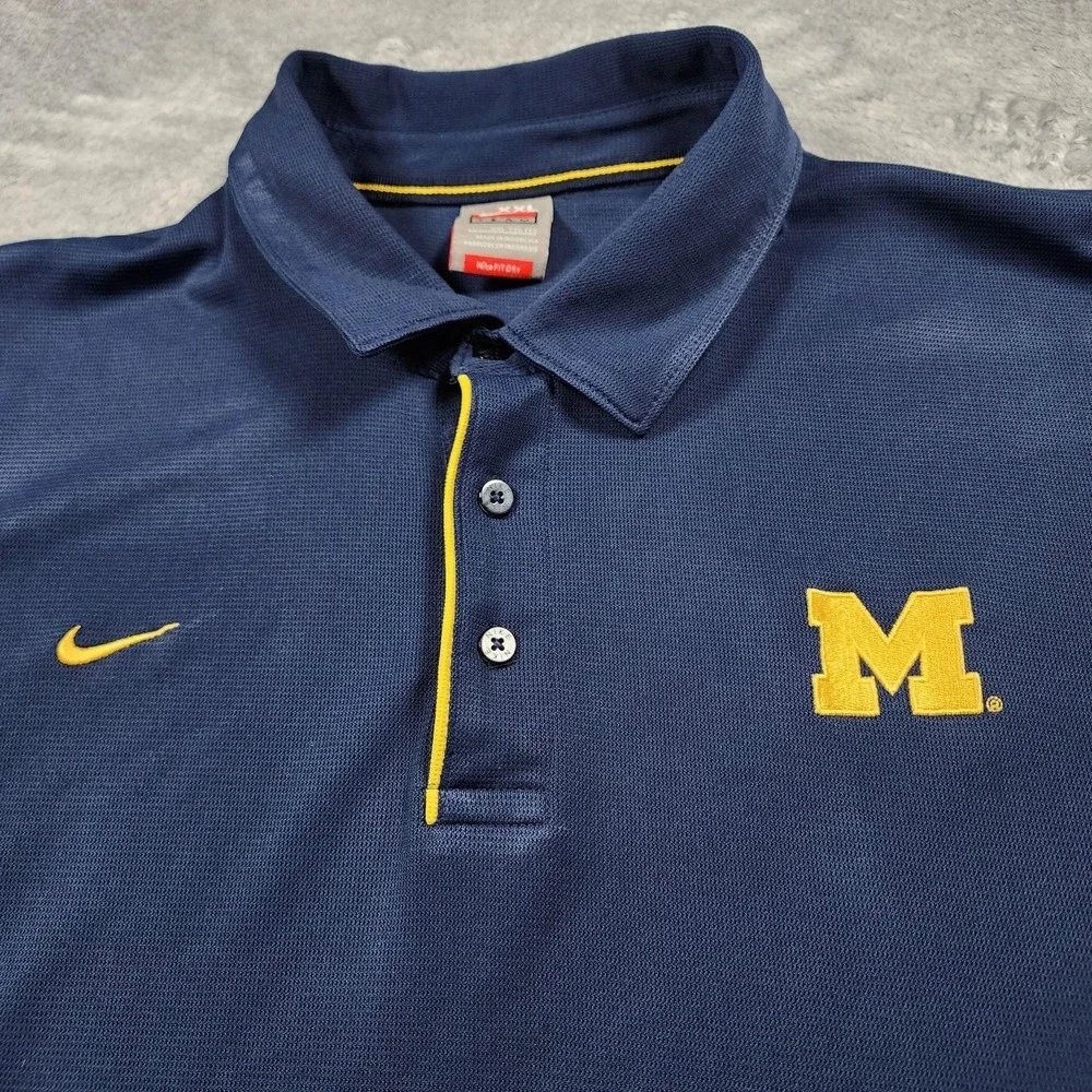 Michigan Wolverines Polo Shirt Mens 2XL Blue NCAA Football Nike FIT Dry